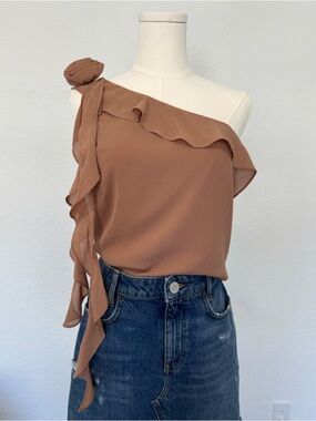 West of Melrose One Shoulder Ruffle Top Terracotta Rosette Detail Feminine Chic